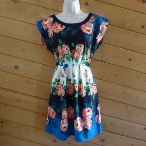 Just Ginger Blue Floral Knee Length Elastic Waist Ties Back Tea Party Dress S